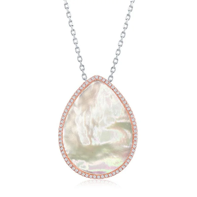 Sterling Silver Two-Tone Teardrop MOP with CZ Border Necklace