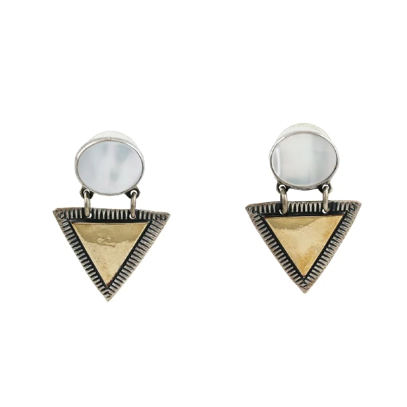 Dual Tone Triangular Brass x Silver Pearl Earrings