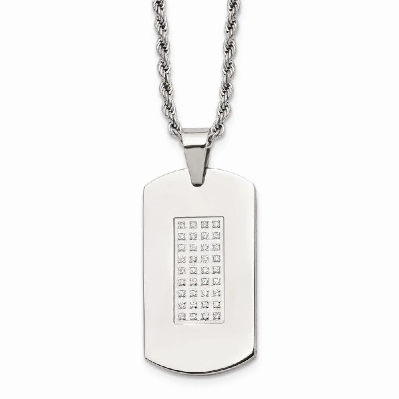 Stainless Steel Polished & CZs Dog Tag Necklace