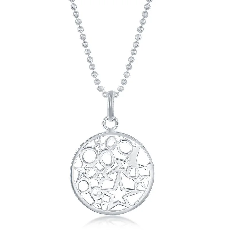 Sterling Silver 17 Inch Circle With Stars and Circles Inside Necklace