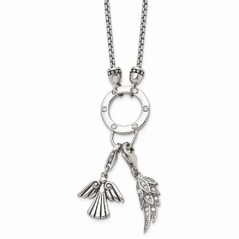 Stainless Steel Polished Feather & Angel CZ Charms w/2in ext. Necklace