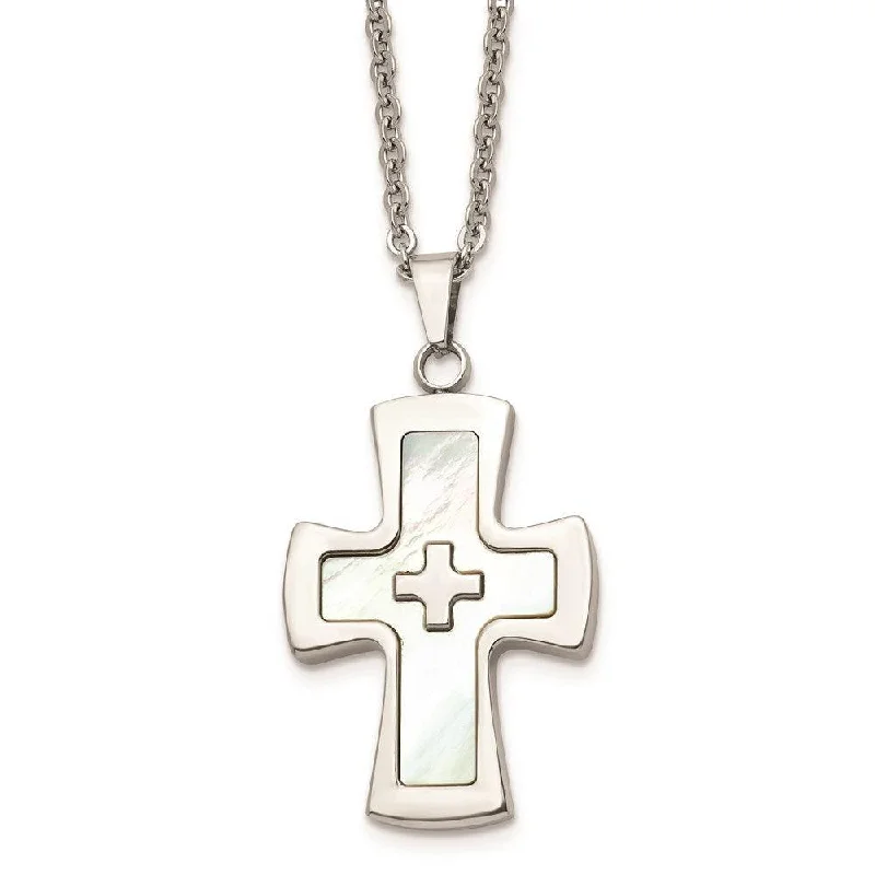 Stainless Steel Polished Mother Of Pearl Cross Necklace