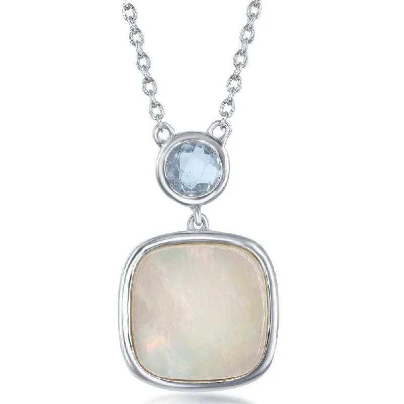 Sterling Silver Bezel Set Blue Topaz and Square MOP Necklace