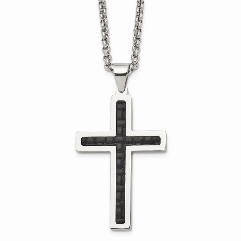 Stainless Steel Polished Black Genuine Leather Inlay Cross Necklace