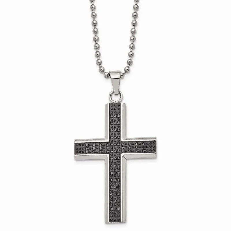 Stainless Steel Polished Black Rhodium Black Diamond Cross Necklace