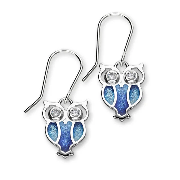 Nature in Flight Sterling Silver & Cubic Zirconia Enamel Owl Drop Earrings, ECE25