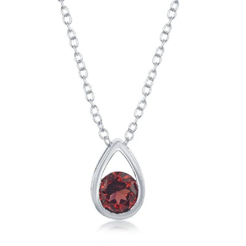 Sterling Silver Open Pear Shaped Round Garnet Necklace