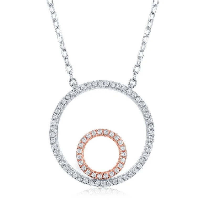 Sterling Silver TT Double Open Circle with CZ Border Necklace