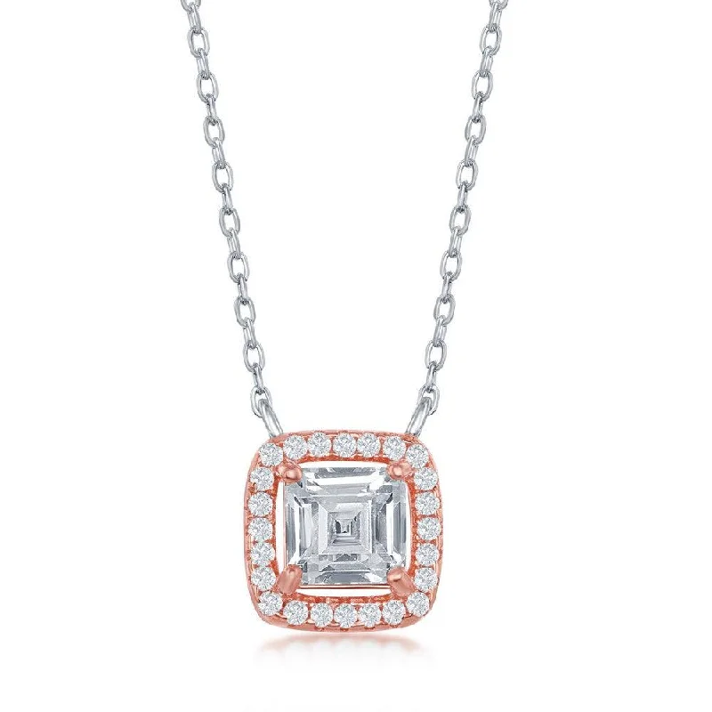 Sterling Silver Rose Gold Plated Double Square CZ Necklace