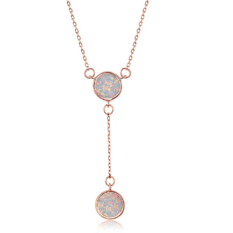 Sterling Silver Rose GP White Opal Double Disc Lariat Necklace