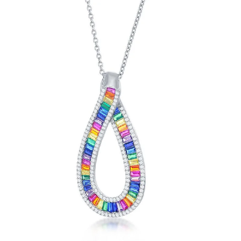 Sterling Silver Rainbow Baguette CZ Pear Shaped Necklace