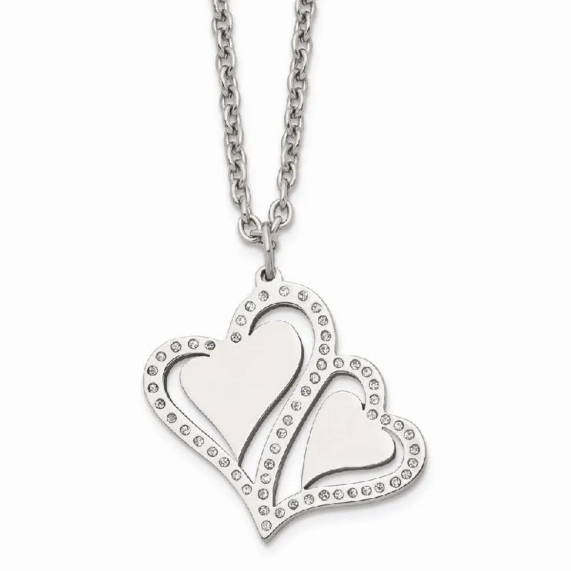 Stainless Steel Polished Hearts with Crystals w/ 2.25in. Ext. Necklace