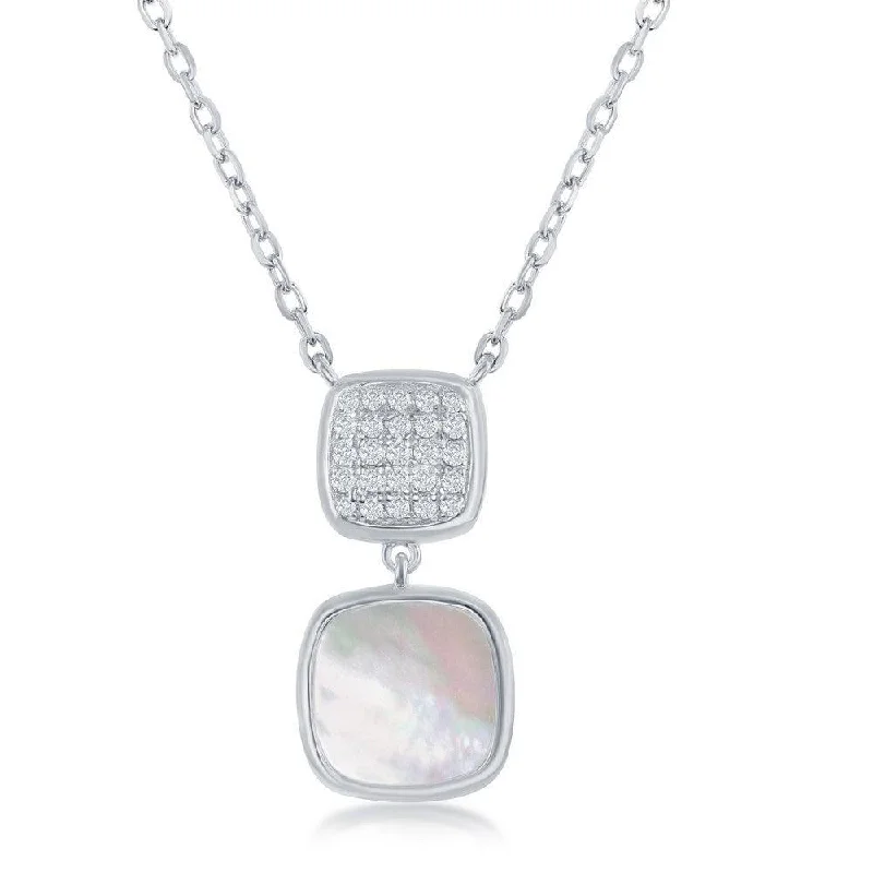 Sterling Silver Micro Pave and MOP Double Square Necklace