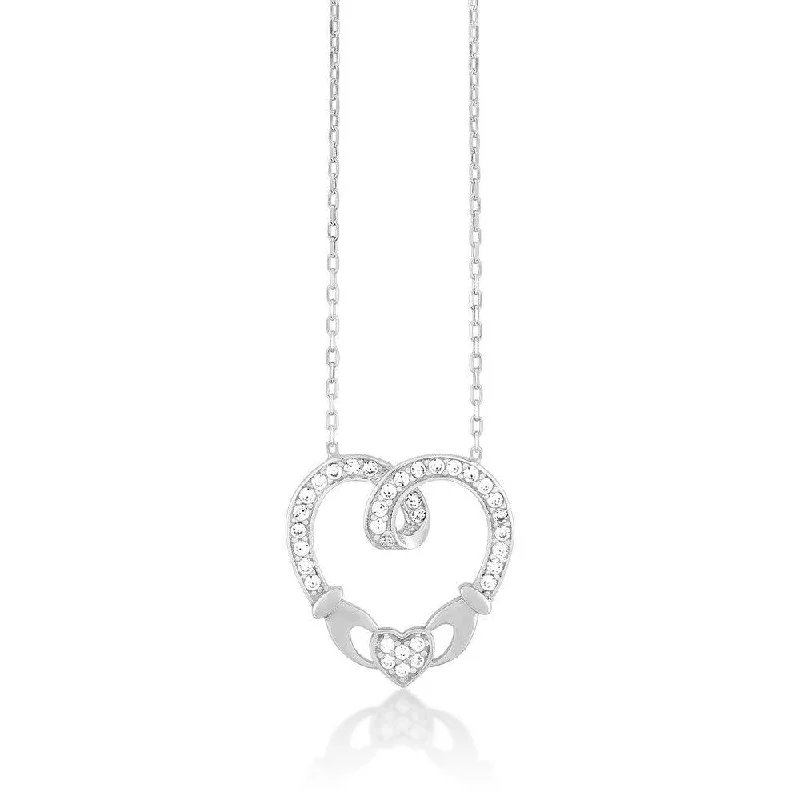 Sterling Silver CZ Claddagh Style Heart Necklace