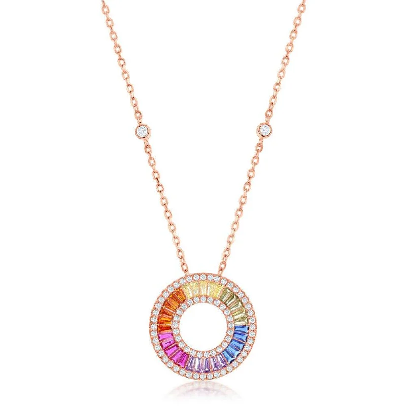 Sterling Silver Rose GP Rainbow Baguette CZ Open Circle Necklace