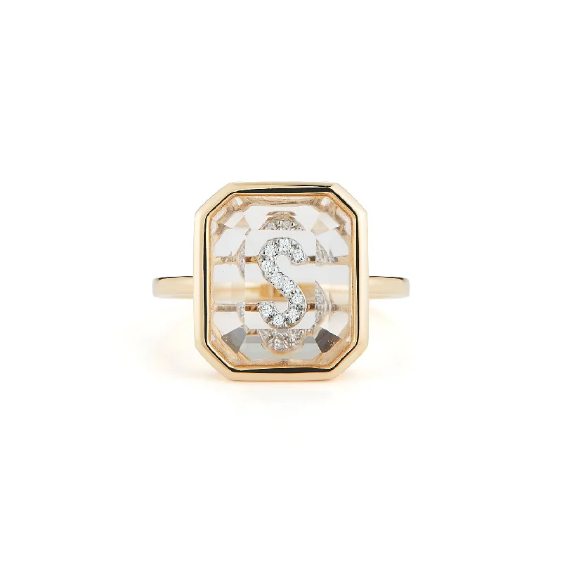 14K Gold Frame Crystal Quartz secret diamond initial ring