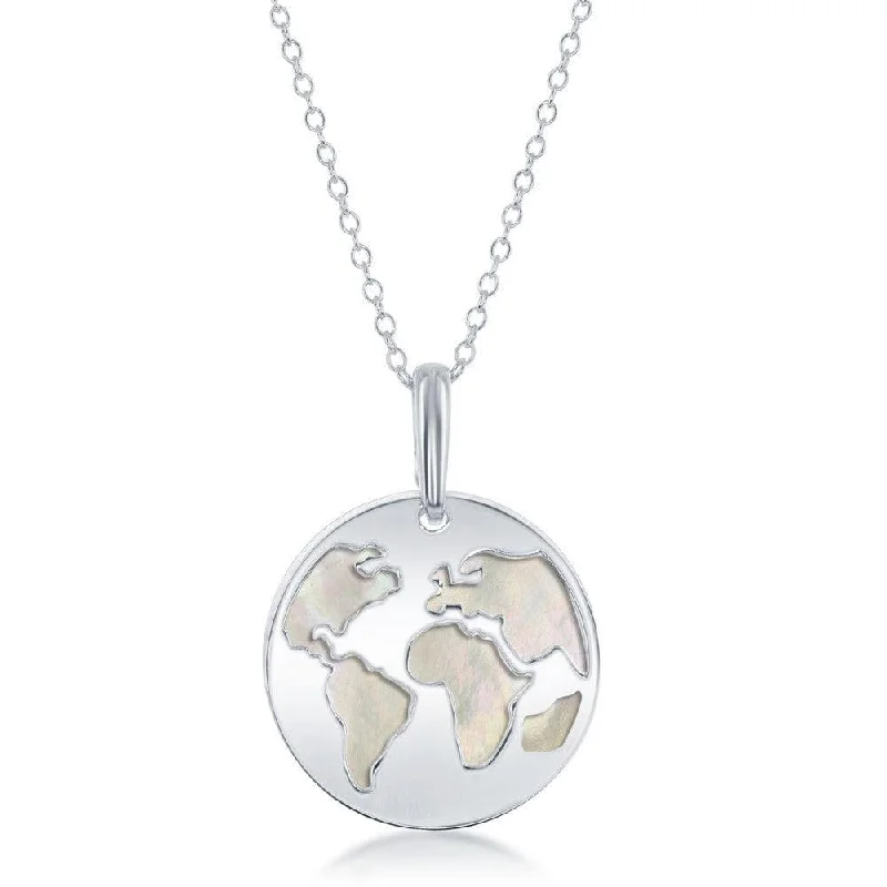 Sterling Silver Globe Cut-Out with MOP Disc Necklace