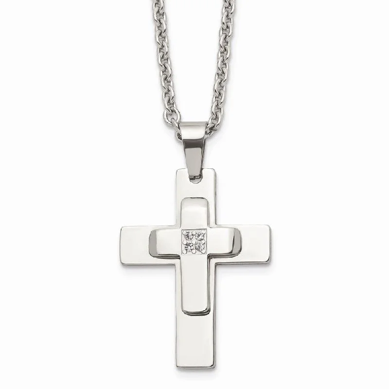 Stainless Steel Polished CZ Cross Necklace