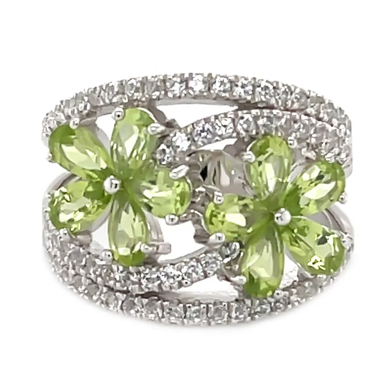 925 Sterling Silver Peridot and Created White Sapphire Gemstone Flower Ring