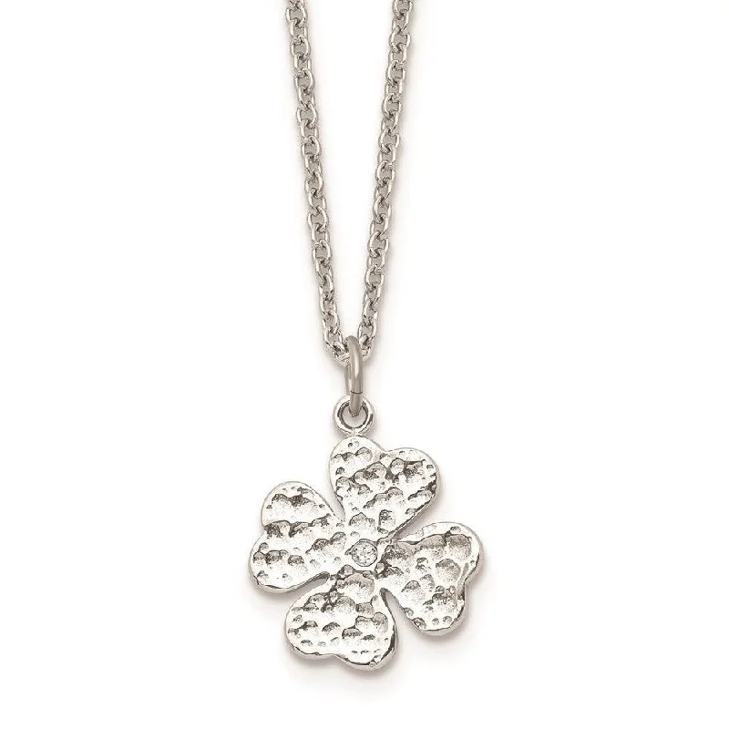 Stainless Steel Polished Four Leaf Clover with Crystal Necklace