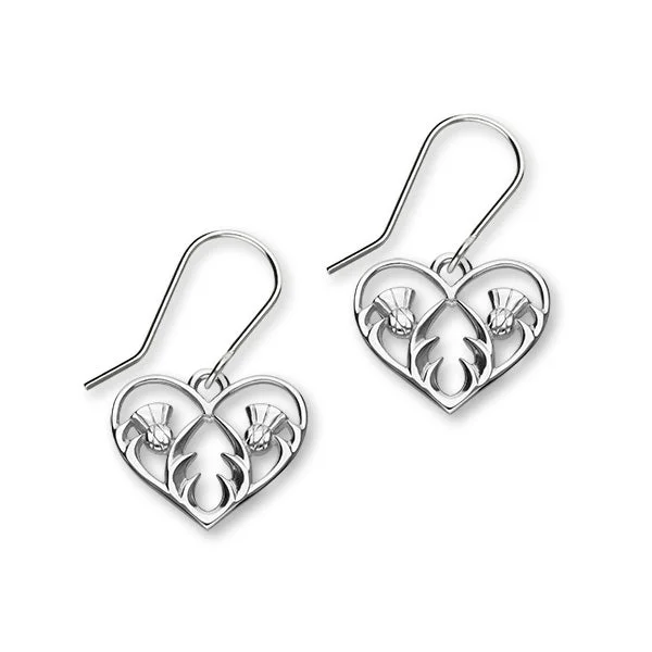 Scottish Thistle Sterling Silver Heart Drop Earrings, E1903