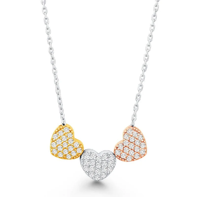 Sterling Silver Three Tri Color CZ Hearts Necklace