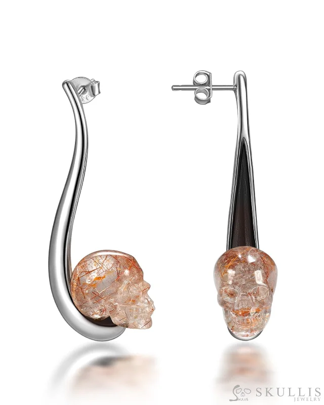 Gem Skull Earrings of Rutilated Quartz Rock Carved Skull in 925 Sterling Silver