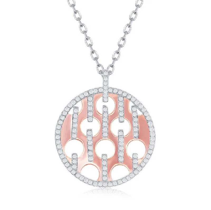 Sterling Silver Shiny Disc with Circle and CZ Bars Necklace