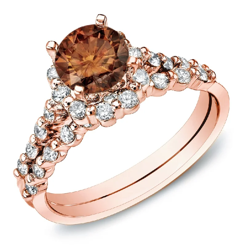 Auriya 14k Rose Gold 1 1/2ct TDW Brown Round Diamond Bridal Set Ring (SI1-SI2)