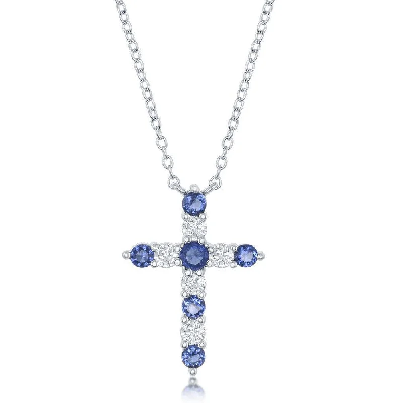 Sterling Silver Sapphire CZ September Birthstone Cross Necklace