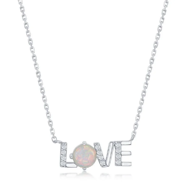 Sterling Silver Cubic Zirconia and White Opal 'Love' Necklace