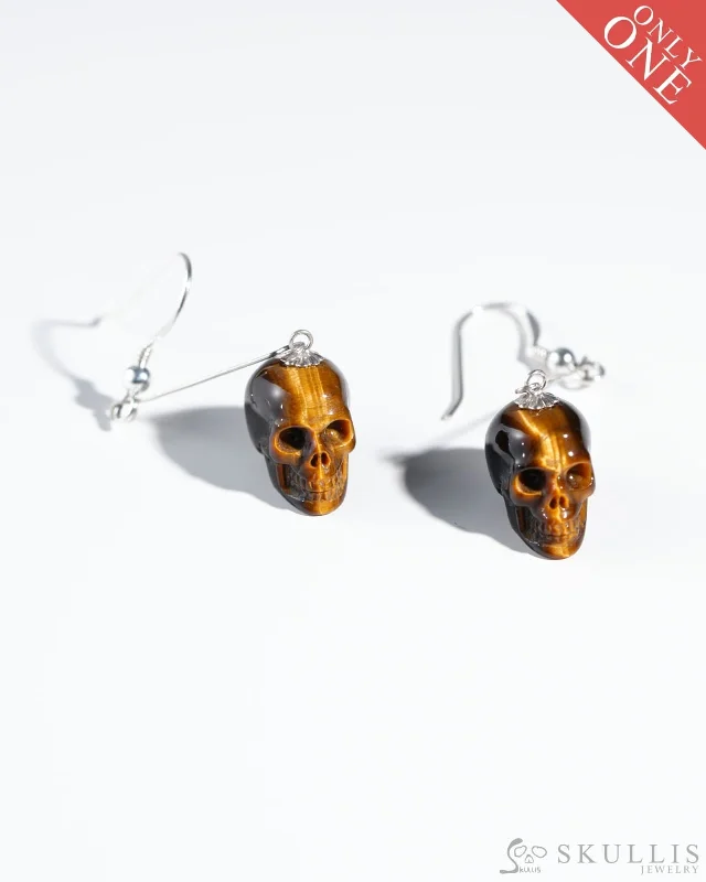 Flash Gem Skull Earrings of Gold Tiger's Eye Carved Skull, 925 Sterling Silver - 0800028