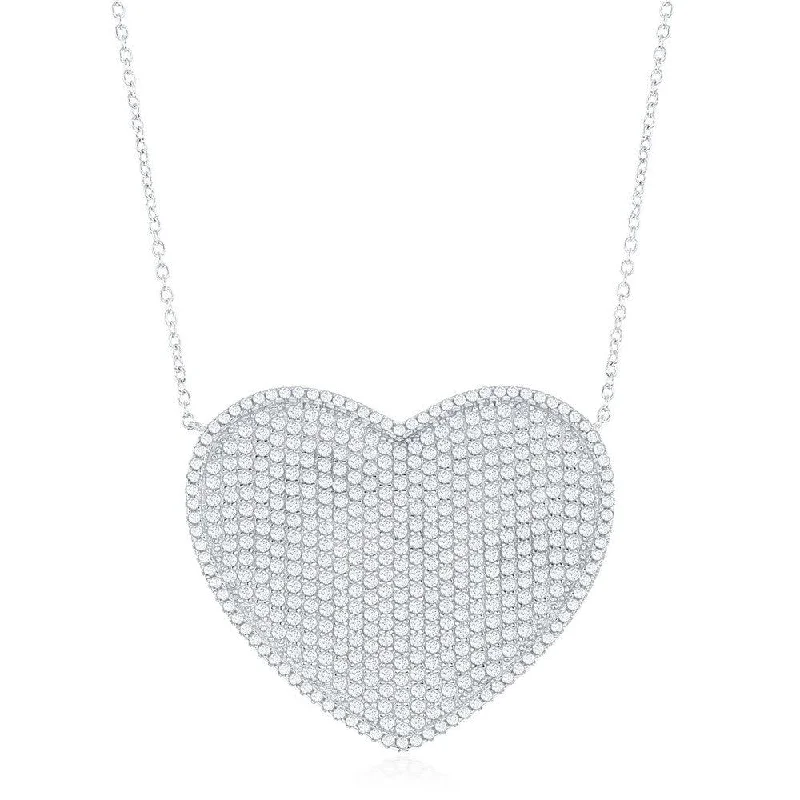 Sterling Silver Large Micro Pave Heart CZ Necklace