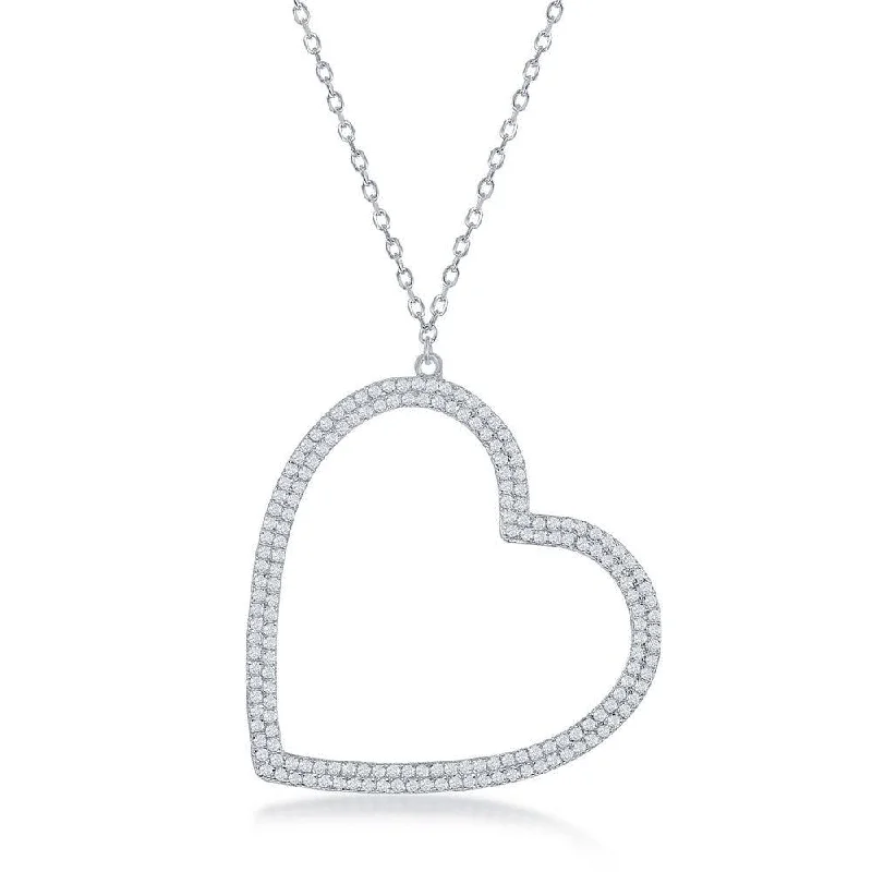 Sterling Silver Large Micro Pave Open Heart Necklace