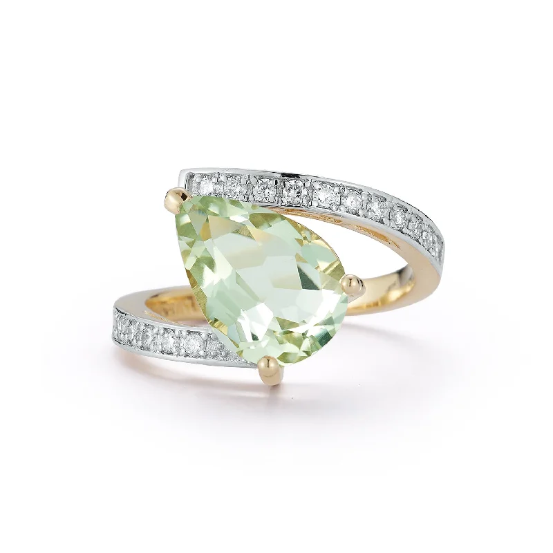 14kt Slanted Green Amethyst Pear Ring