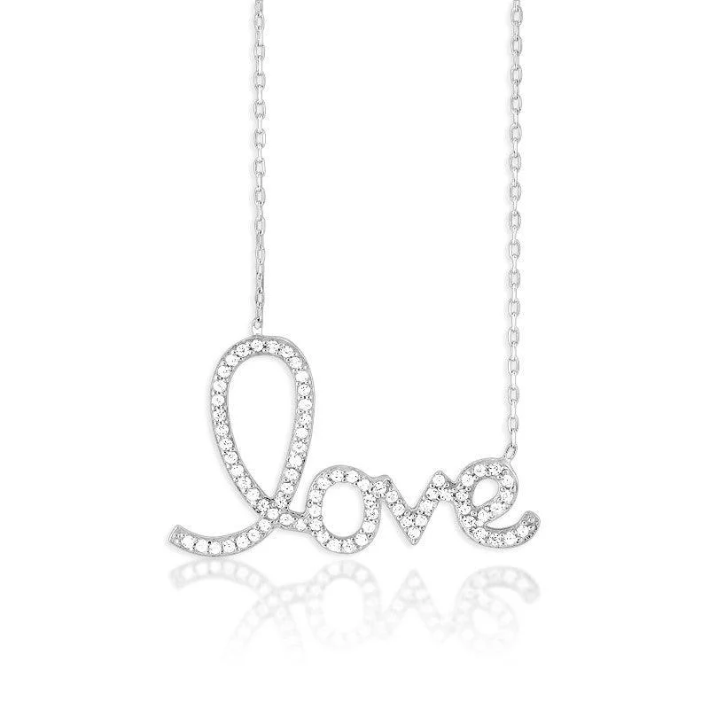 Sterling Silver Large CZ LOVE Script Necklace