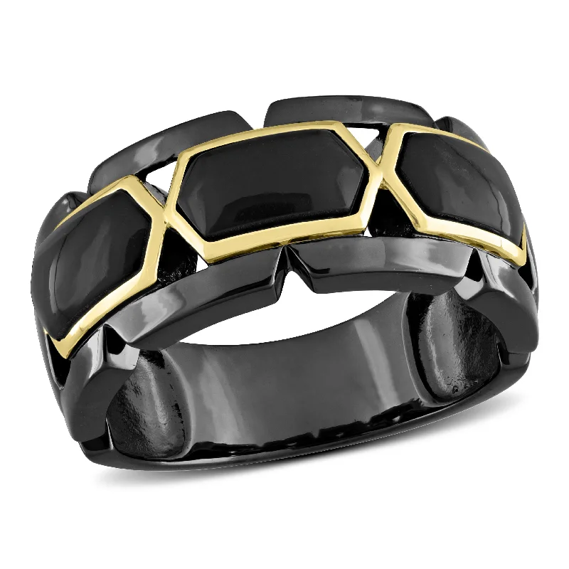 Miadora 2 3/8ct TDW Black Onyx Mens Ring in Black Rhodium and Yellow Plated Sterling Silver