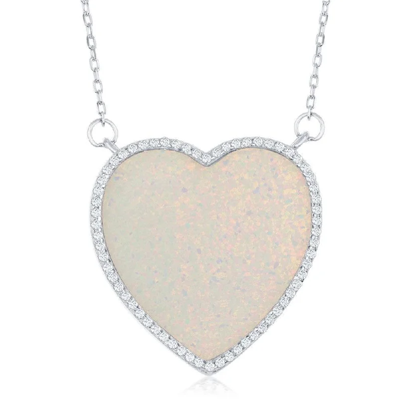 Sterling Silver White Inlay Opal Heart with CZ Border Necklace