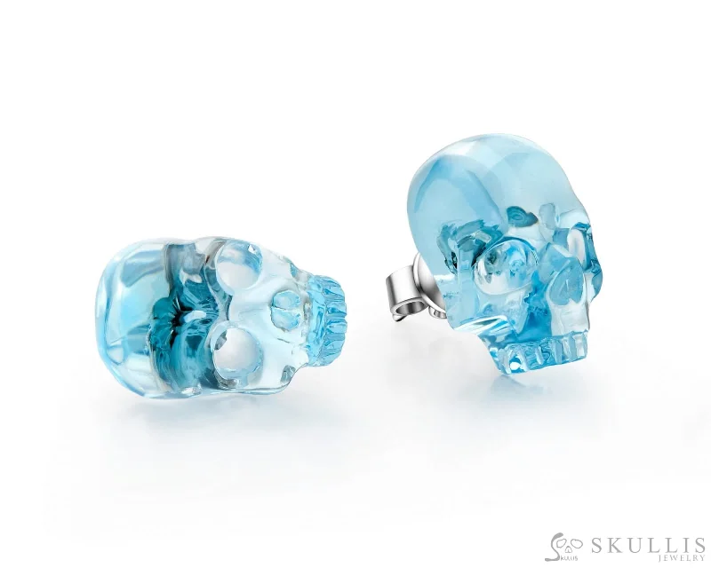 Gem Skull Earrings of Sky Blue Topaz Carved Skull, 925 Sterling Silver