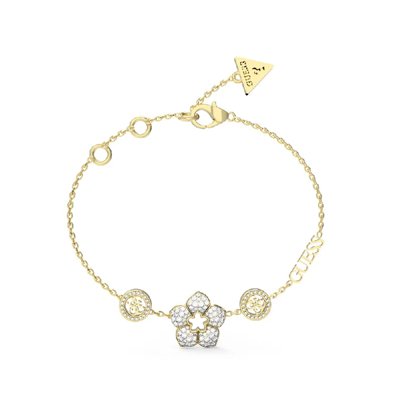 Guess Gold Plated Stainless Steel 4G Logo And Pave Flower Bracelet