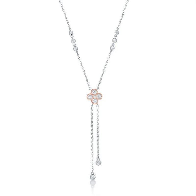 Sterling Silver Two-Tone Rose Gold Plated CZ Flower with Bezel-Set CZ Lariat Necklace