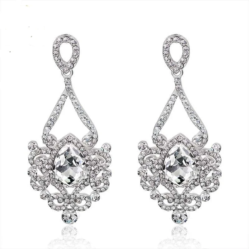 TRZ -005 Bridal Luxurious Floral Teardrop Crystal Earrings Wedding Accessories