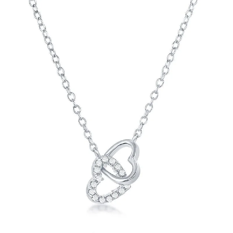 Sterling Silver Interlocking CZ and Plain Heart Necklace