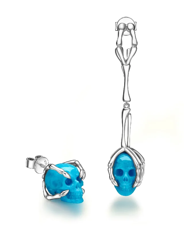 Gem Skull Earrings of American Turquoise Carved Skull, 925 Sterling Silver