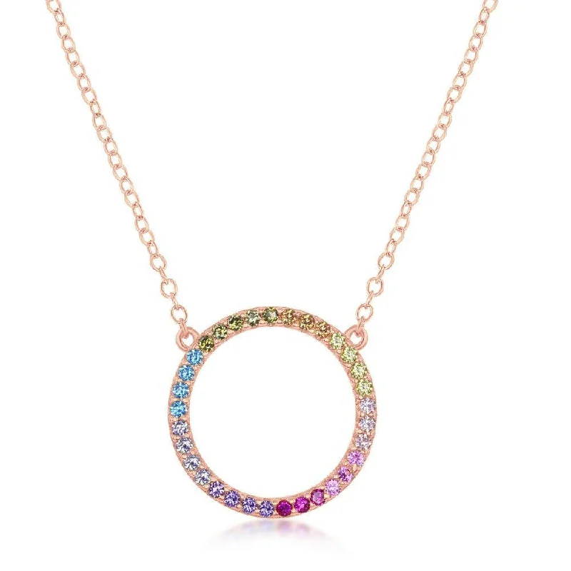 Sterling Silver Rose GP Rainbow CZ Circle of Life Necklace