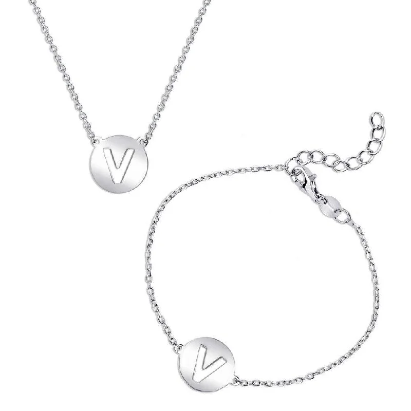 Sterling Silver Shiny 'V' Disc Initial Bracelet and Necklace Set