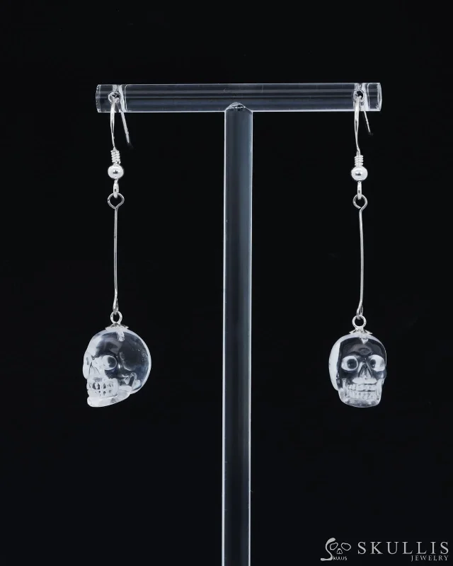 Gem Skull Earrings of Quartz Rock Crystal Carved Skull, 925 Sterling Silver -0800030