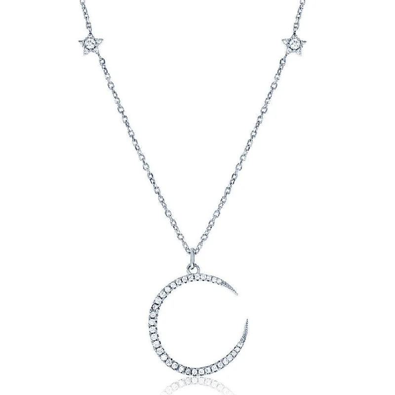 Sterling Silver Thin CZ Crescent with Small CZ Stars Necklace