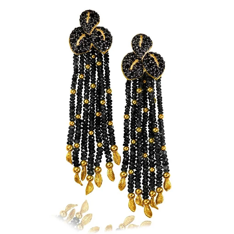 Gold Sunflower Leaf Tassel Earrings With Black Spinel