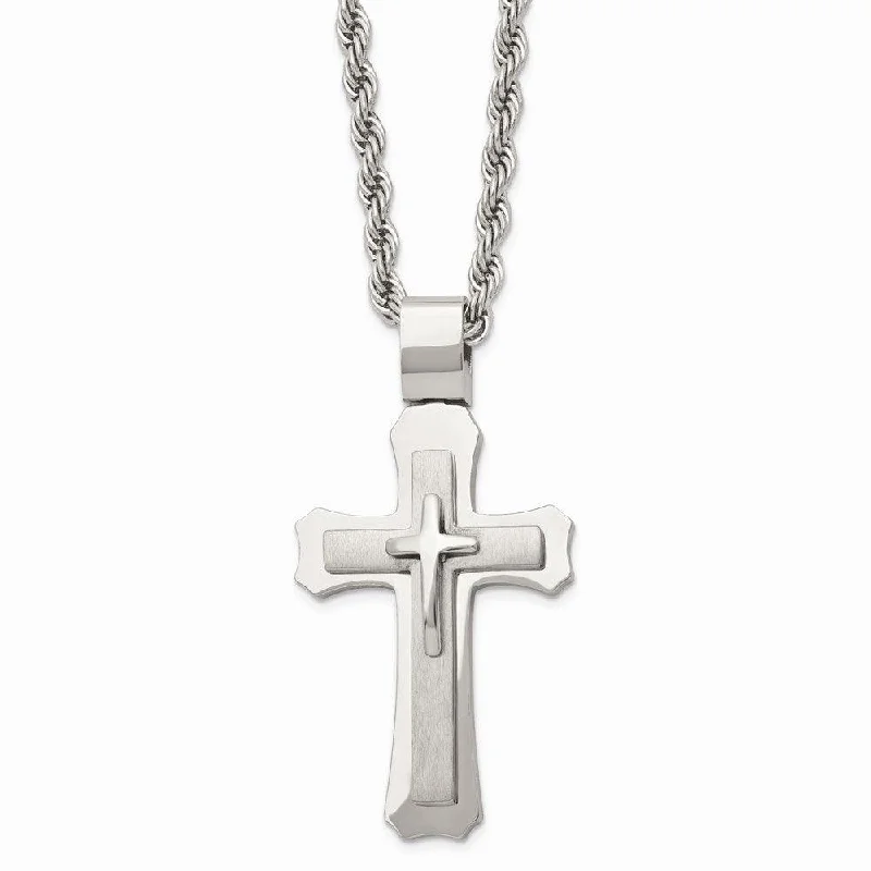 Stainless Steel Brushed and Polished Triple Layer Cross Necklace